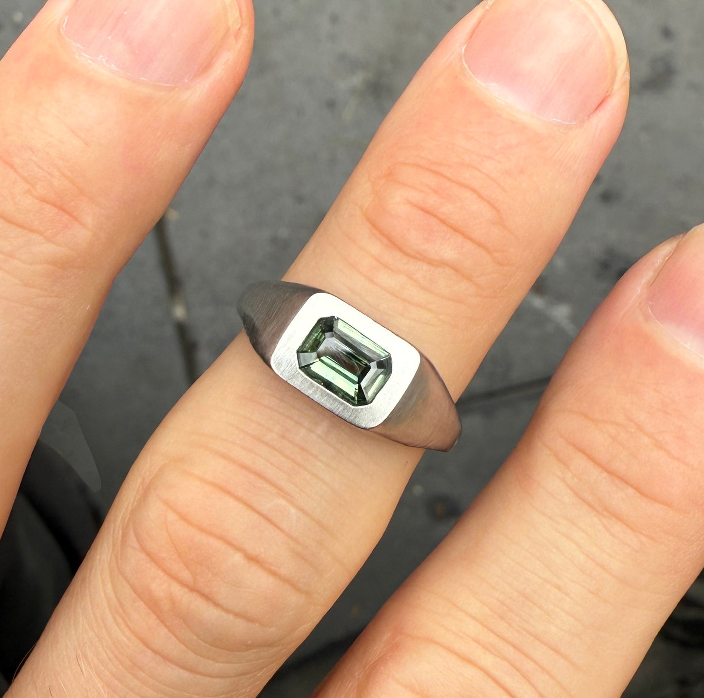 Platinum Green Cushion Ring